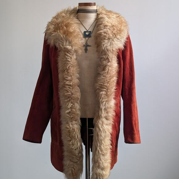 Vintage Jackets & Blazers - Vintage Red Suede Jacket Leather Penny Lane Coat Fur Trim 70s Trench Coat Medium